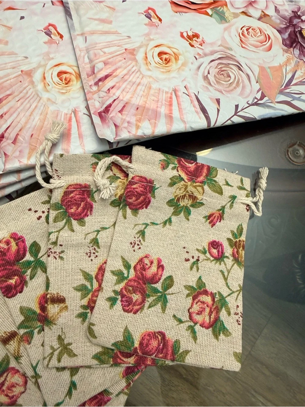 Floral Bubble Mailers 8x12 and Rose Drawstring Bags - set of 10